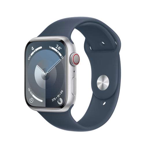 Apple Watch Series 9 (GPS + Cellular) - 45 mm - silver aluminium - smart watch with sport band - fluoroelastomer - storm blue - band size: M/L - 64 GB - Wi-Fi, LTE, UWB, Bluetooth - 4G - 39 g