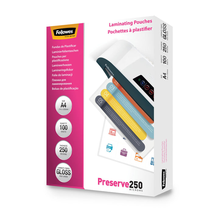 Fellowes Laminating Pouches A4 Glossy 250 microns (2 x 250) Transparent Pack of 100