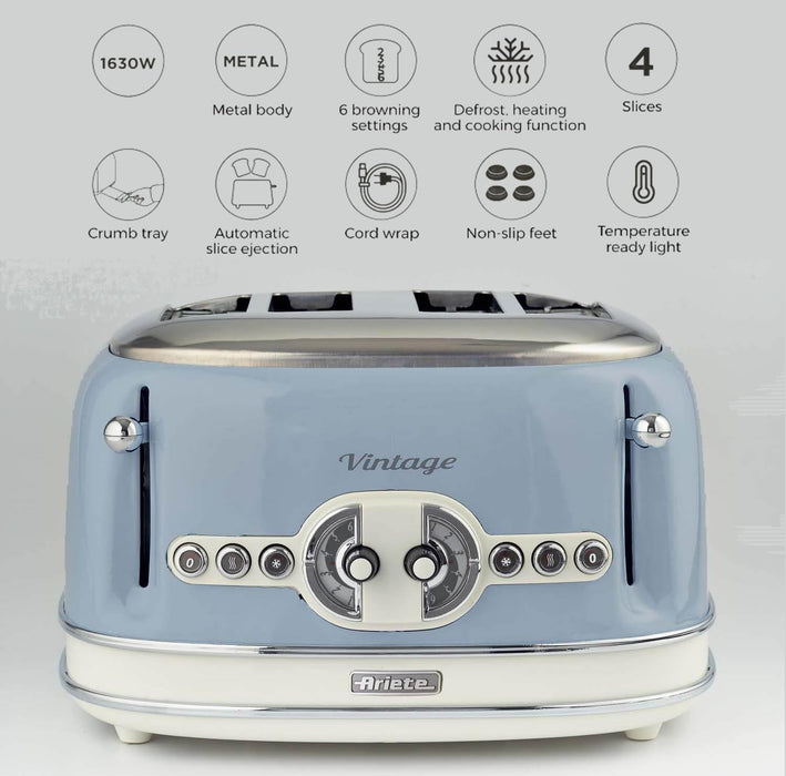 Ariete Toaster 4 Slices Stainless Steel Vintage 1600W Blue