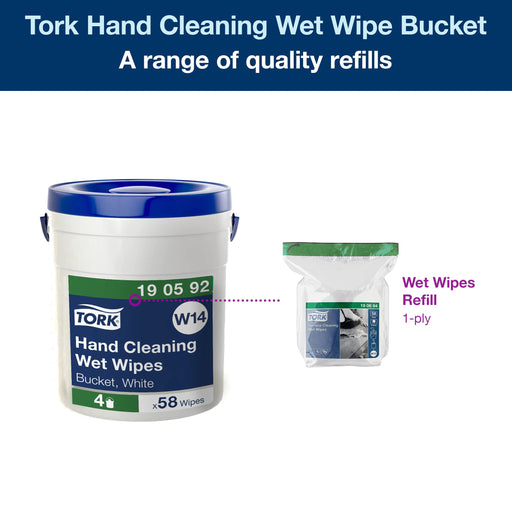 Tork Fleece, Polyester, Viscose Hand Cleaning Wet Wipes W14 with Handy Bucket 15.7 m x 135 mm White Pack of 58