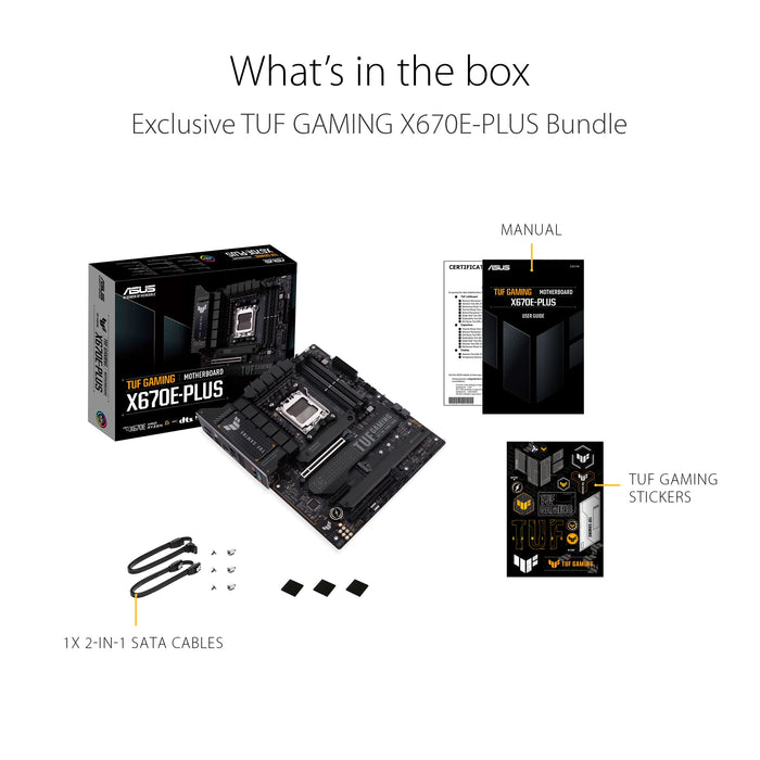 ASUS TUF GAMING X670E-PLUS - Motherboard - ATX - Socket AM5 - AMD X670 Chipset - USB 3.2 Gen 1, USB 3.2 Gen 2, USB-C Gen 2x2, USB-C 3.2 Gen2 - 2.5 Gigabit LAN - onboard graphics (CPU required) - HD Audio (8-channel)