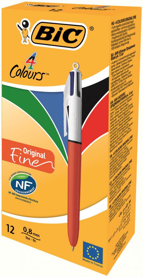 Bic 4 Colours Fine Ballpoint Pen 0.8mm Tip 0.30 Line Red/White Barrel Black/Blue/Green/Red Ink (Pack 12) - 982867