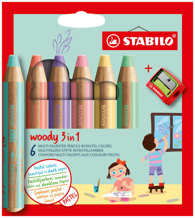 STABILO woody 3 in 1 Multi Talented Colouring Pencil Assorted Pastel Colours with Sharpener Pack of 6