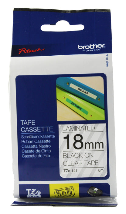 Brother P-touch Labelling Tape Authentic TZe-141 Adhesive Black on Transparent 18 mm x 8 m