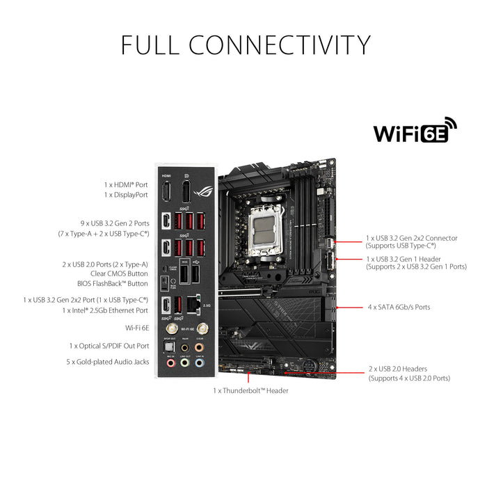 ASUS ROG Strix X670E-F Gaming WiFi - Motherboard - ATX - Socket AM5 - AMD X670 Chipset - USB 3.2 Gen 1, USB 3.2 Gen 2, USB-C 3.2 Gen2, USB-C 3.2 Gen 2x2 - 2.5 Gigabit LAN, Wi-Fi 6, Bluetooth - onboard graphics (CPU required) - HD Audio (8-channel)