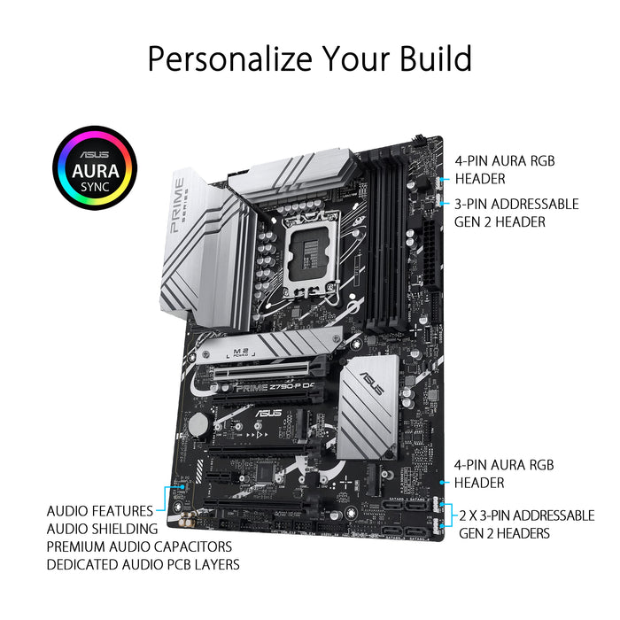 ASUS Prime Z790-P D4 - Motherboard - ATX - LGA1700 Socket - Z790 Chipset - USB 3.2 Gen 1, USB 3.2 Gen 2, USB-C 3.2 Gen2, USB-C 3.2 Gen 2x2 - 2.5 Gigabit LAN - onboard graphics (CPU required) - HD Audio (8-channel)