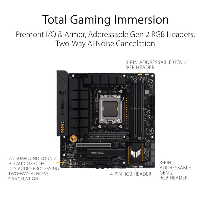 ASUS TUF Gaming B650-Plus - Motherboard - micro ATX - Socket AM5 - AMD B650 Chipset - USB 3.1 Gen 2, USB 3.2 Gen 2, USB-C 3.2 Gen 2x2, USB-C 3.2 Gen 1 - 2.5 Gigabit LAN - onboard graphics (CPU required) - HD Audio (8-channel)