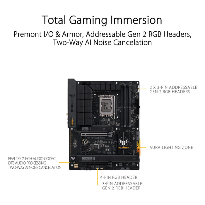 ASUS TUF GAMING B760-PLUS WIFI D4 - Motherboard - ATX - LGA1700 Socket - B760 Chipset - USB 3.2 Gen 1, USB 3.2 Gen 2, USB4, USB-C 3.2 Gen2, USB-C 3.2 Gen 2x2 - 2.5 Gigabit LAN, Wi-Fi 6, Bluetooth - onboard graphics (CPU required) - HD Audio (8-channel)