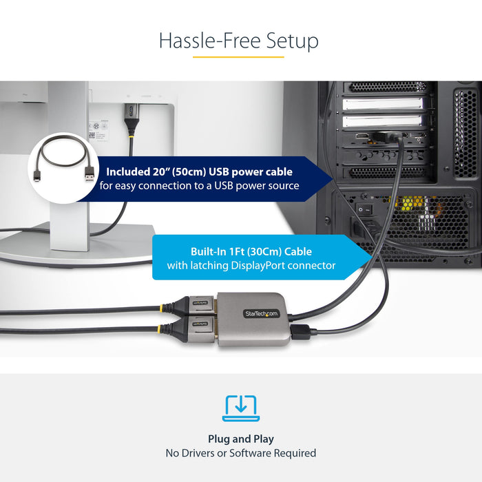 StarTech.com 2-Port Dual 4K 60Hz DisplayPort MST Hub 1ft (30cm) Built-in Cable