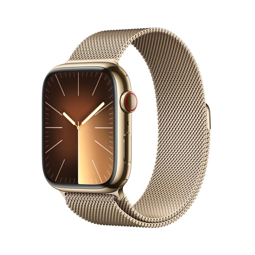 Apple Watch Series 9 (GPS + Cellular) - 45 mm - gold stainless steel - smart watch with milanese loop - 64 GB - Wi-Fi, LTE, UWB, Bluetooth - 4G - 51.5 g