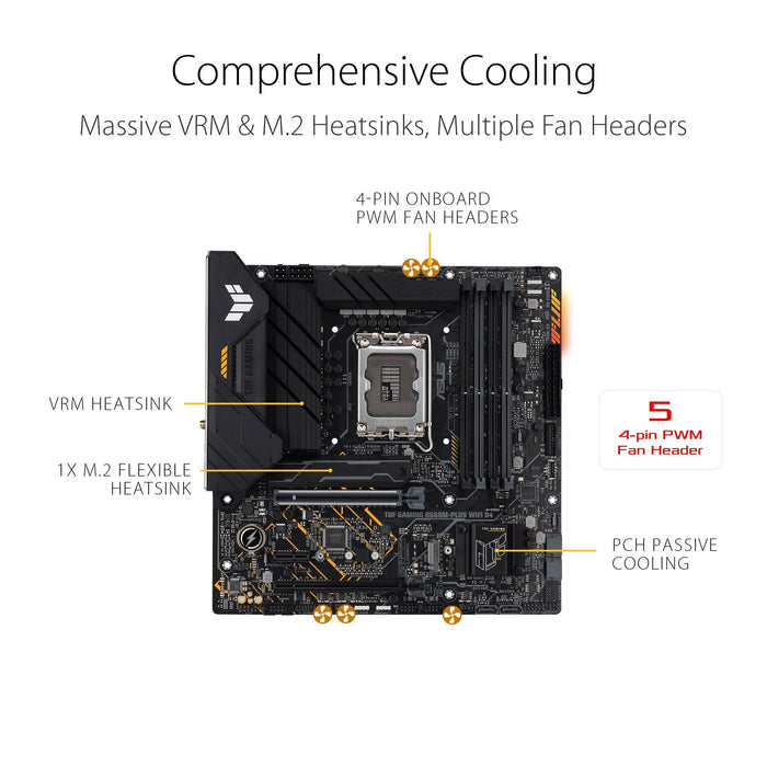 ASUS TUF GAMING B660-PLUS WIFI D4 - Motherboard - ATX - LGA1700 Socket - B660 Chipset - USB 3.2 Gen 1, USB 3.2 Gen 2, USB-C 3.2 Gen2, USB-C 3.2 Gen 2x2 - 2.5 Gigabit LAN, Wi-Fi 6, Bluetooth - onboard graphics (CPU required) - HD Audio (8-channel)