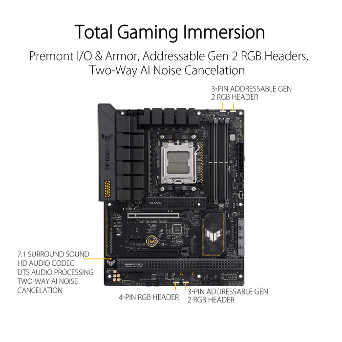 ASUS TUF Gaming B650-Plus - Motherboard - ATX - Socket AM5 - AMD B650 Chipset - USB 3.1 Gen 2, USB 3.2 Gen 2, USB-C 3.2 Gen2, USB-C 3.2 Gen 2x2, USB-C 3.2 Gen 1 - 2.5 Gigabit LAN - onboard graphics (CPU required) - HD Audio (8-channel)