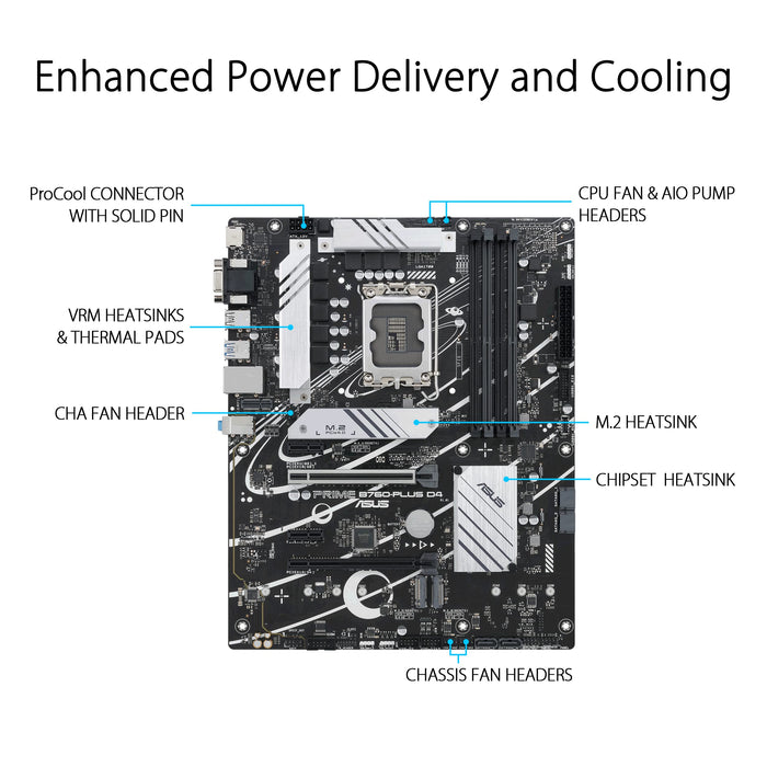 ASUS PRIME B760-PLUS D4 - Motherboard - ATX - LGA1700 Socket - B760 Chipset - USB 3.2 Gen 1, USB 3.2 Gen 2, USB-C 3.2 Gen 2x2, USB-C 3.2 Gen 1 - 2.5 Gigabit LAN - onboard graphics (CPU required) - HD Audio (8-channel)