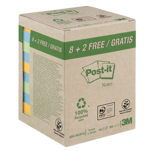 Post-it Recycled Notes 76 x 76 mm Pastel 100 Sheets Value Pack 8 + 2 Free