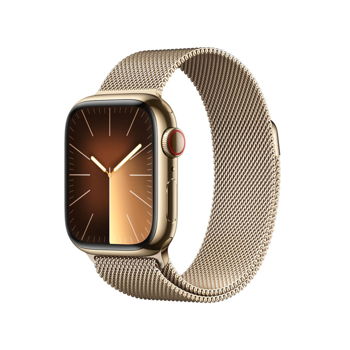 Apple Watch Series 9 (GPS + Cellular) - 41 mm - gold stainless steel - smart watch with milanese loop - 64 GB - Wi-Fi, LTE, UWB, Bluetooth - 4G - 42.3 g