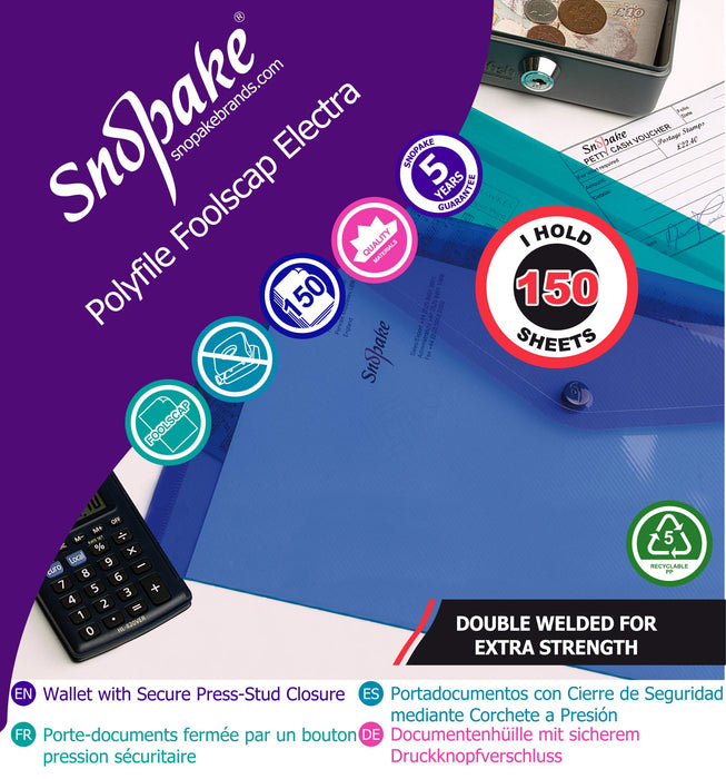 Snopake Polyfile Document Wallet 10088 Foolscap PP (Polypropylene) 35.5 (W) x 24 (H) cm Assorted Pack of 5