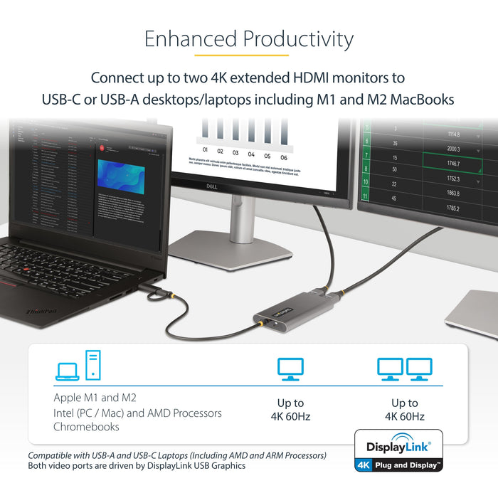 StarTech.com USB-C to Dual-HDMI Adapter USB-C or A to 2x HDMI 4K 60Hz 100W Power Delivery Pass-Through