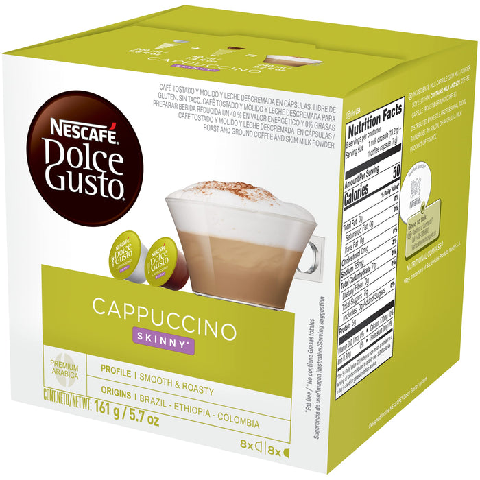 Nescafé Dolce Gusto Skinny Light Caffeinated Ground Coffee Pods Box Cappuccino 12.5 g Pack of 8 x Coffee + 8 x Milk Pods