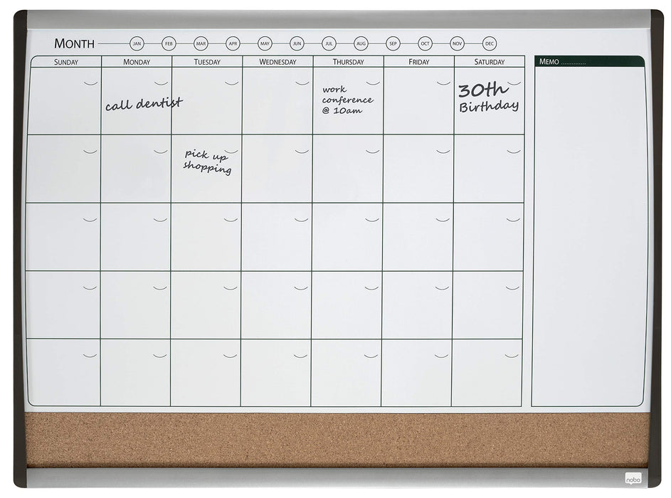 Nobo Small Wall Mountable Magnetic Whiteboard Planner with Notice Board 1903813 Lacquered Steel, Cork Arched Frame 585 x 430 mm White, Brown