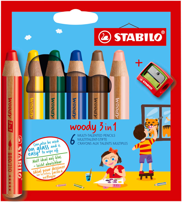 STABILO woody 3 in 1 Multi Talented Colouring Pencil Assorted with Sharpener Pack of 6