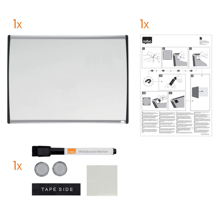 Nobo Small Wall Mountable Magnetic Whiteboard 1903783 Lacquered Steel Arched Frame 585 x 430 mm White