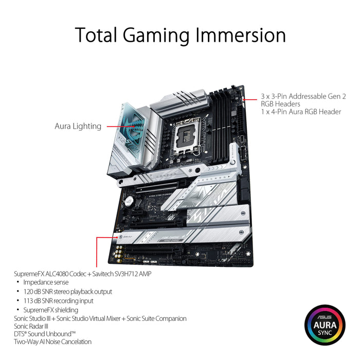 ASUS ROG STRIX Z790-A GAMING WIFI - Motherboard - ATX - LGA1700 Socket - Z790 Chipset - USB 3.2 Gen 1, USB 3.2 Gen 2, USB-C 3.2 Gen2, USB-C 3.2 Gen 2x2 - 2.5 Gigabit LAN, Bluetooth, Wi-Fi - onboard graphics (CPU required) - HD Audio (8-channel)