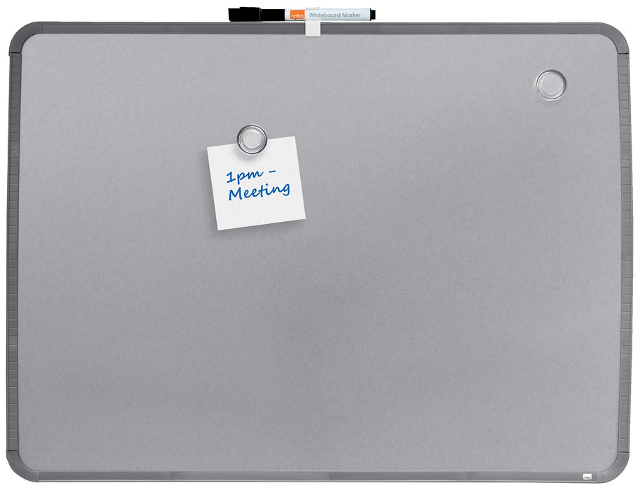 Nobo Small Desktop or Wall Mountable Magnetic Whiteboard QB05742C Lacquered Steel Silver Slim Frame 580 x 430 mm Grey