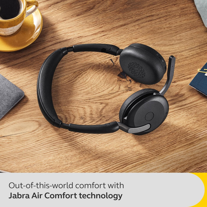 Jabra Evolve2 65 Flex MS Stereo - Headset - on-ear - Bluetooth - wireless - active noise cancelling - USB-C - black - with wireless charging pad - Certified for Microsoft Teams