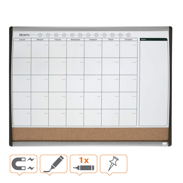 Nobo Small Wall Mountable Magnetic Whiteboard Planner with Notice Board 1903813 Lacquered Steel, Cork Arched Frame 585 x 430 mm White, Brown