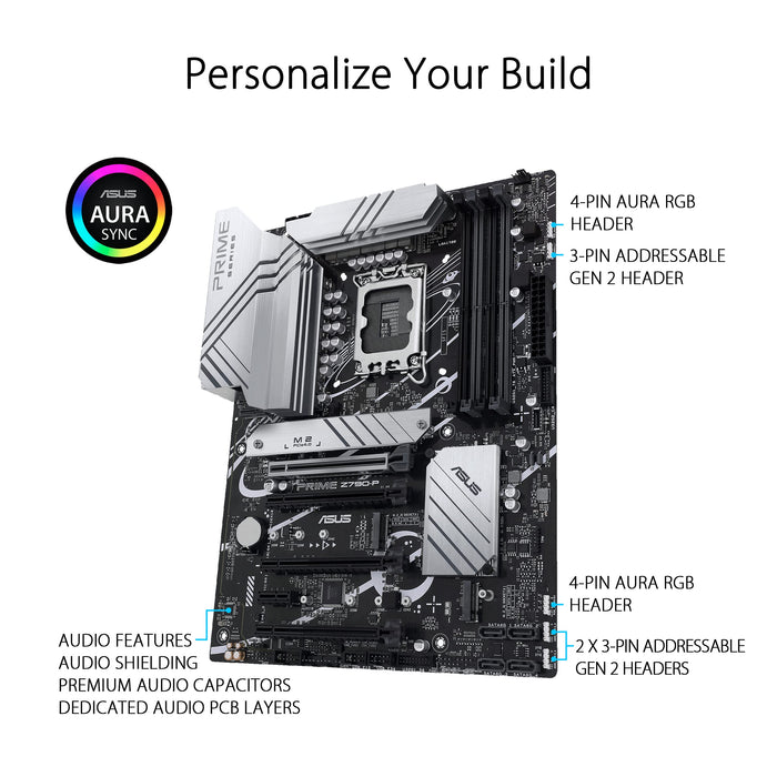 ASUS PRIME Z790-P - Motherboard - ATX - LGA1700 Socket - Z790 Chipset - USB 3.2 Gen 1, USB 3.2 Gen 2, USB-C 3.2 Gen2, USB-C 3.2 Gen 2x2 - 2.5 Gigabit LAN - onboard graphics (CPU required) - HD Audio (8-channel)