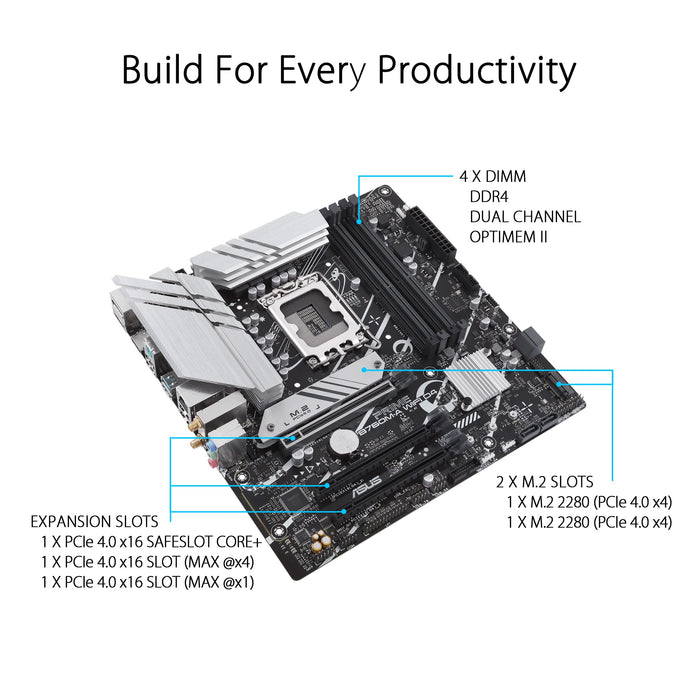 ASUS PRIME B760M-A WIFI D4 - Motherboard - micro ATX - LGA1700 Socket - B760 Chipset - USB 3.2 Gen 1, USB 3.2 Gen 2, USB-C 3.2 Gen 1 - 2.5 Gigabit LAN, Wi-Fi 6, Bluetooth - onboard graphics (CPU required) - HD Audio (8-channel)