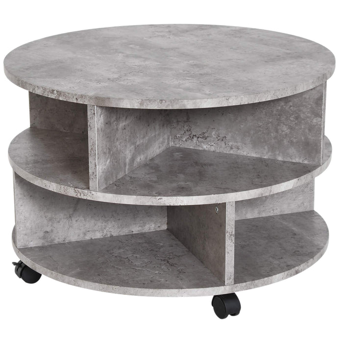 HOMCOM 2 Tier Round Side End Table with Divided Shelves and Wheels 600 x 600 x 390 mm