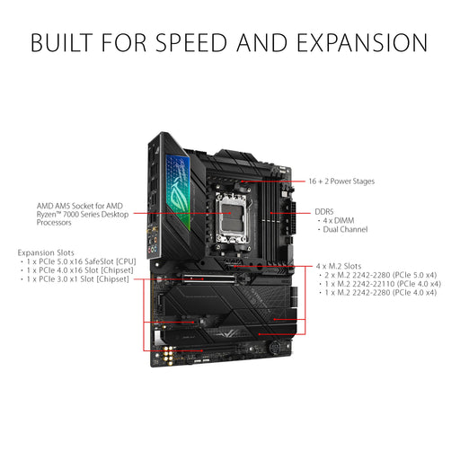 ASUS ROG Strix X670E-F Gaming WiFi - Motherboard - ATX - Socket AM5 - AMD X670 Chipset - USB 3.2 Gen 1, USB 3.2 Gen 2, USB-C 3.2 Gen2, USB-C 3.2 Gen 2x2 - 2.5 Gigabit LAN, Wi-Fi 6, Bluetooth - onboard graphics (CPU required) - HD Audio (8-channel)