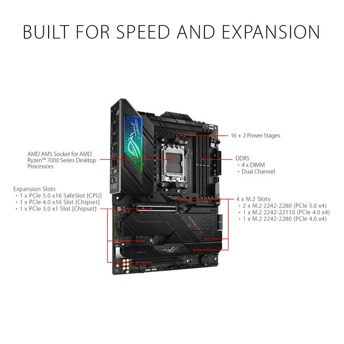 ASUS ROG Strix X670E-F Gaming WiFi - Motherboard - ATX - Socket AM5 - AMD X670 Chipset - USB 3.2 Gen 1, USB 3.2 Gen 2, USB-C 3.2 Gen2, USB-C 3.2 Gen 2x2 - 2.5 Gigabit LAN, Wi-Fi 6, Bluetooth - onboard graphics (CPU required) - HD Audio (8-channel)