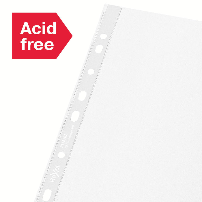 Rexel 100% Recycled Punched Pockets A4 Embossed 70 Microns Polypropylene 11 Holes 2115702 Pack of 100