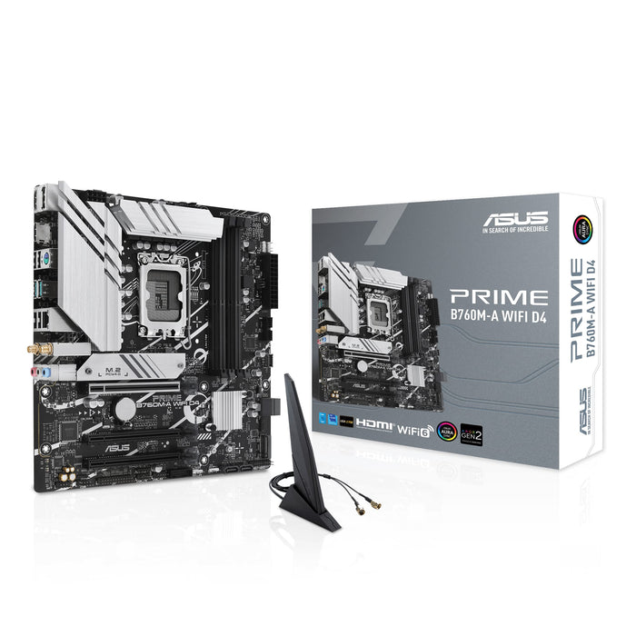 ASUS PRIME B760M-A WIFI D4 - Motherboard - micro ATX - LGA1700 Socket - B760 Chipset - USB 3.2 Gen 1, USB 3.2 Gen 2, USB-C 3.2 Gen 1 - 2.5 Gigabit LAN, Wi-Fi 6, Bluetooth - onboard graphics (CPU required) - HD Audio (8-channel)