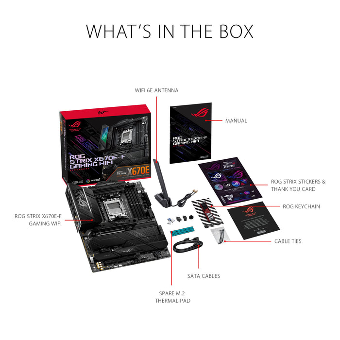 ASUS ROG Strix X670E-F Gaming WiFi - Motherboard - ATX - Socket AM5 - AMD X670 Chipset - USB 3.2 Gen 1, USB 3.2 Gen 2, USB-C 3.2 Gen2, USB-C 3.2 Gen 2x2 - 2.5 Gigabit LAN, Wi-Fi 6, Bluetooth - onboard graphics (CPU required) - HD Audio (8-channel)