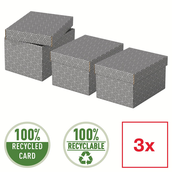 Esselte Home Storage and Gift Box 628281 Small 100% Recycled Cardboard Grey 200 x 255 x 150 mm Pack of 3