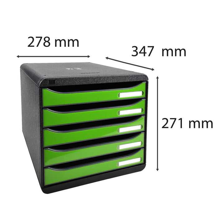 Exacompta Drawer Unit with 5 Drawers Big Box Plus Plastic Glossy Black, Apple Green 27.8 x 34.7 x 27.1 cm