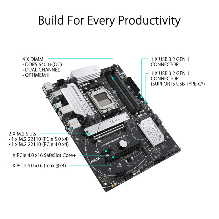 ASUS Prime B650-Plus - Motherboard - ATX - Socket AM5 - AMD B650 Chipset - USB 3.2 Gen 1, USB 3.2 Gen 2, USB-C 3.2 Gen2, USB-C 3.2 Gen 1 - 2.5 Gigabit LAN - onboard graphics (CPU required) - HD Audio (8-channel)