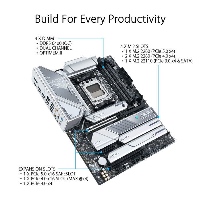 ASUS Prime X670E-PRO WIFI - Motherboard - ATX - Socket AM5 - AMD X670 Chipset - USB 3.2 Gen 1, USB 3.2 Gen 2, USB-C 3.2 Gen2, USB-C 3.2 Gen 2x2, USB-C 3.2 Gen 1 - 2.5 Gigabit LAN, Bluetooth, Wi-Fi - onboard graphics (CPU required) - HD Audio (8-channel)