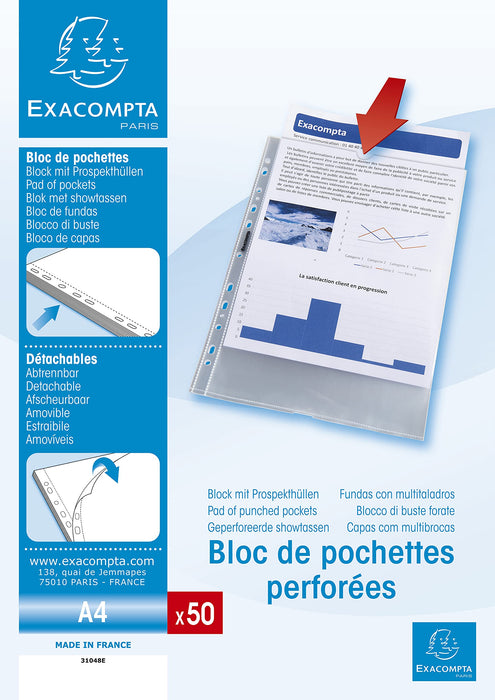 Exacompta Punched Pockets A4 Clear Transparent 0,05mm PP (Polypropylene) Up 31048E Pack of 50