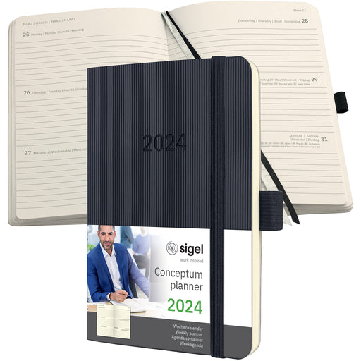 Sigel Conceptum Diary A6 Week To View 2024 Soft Cover Softwave Surface With Elastic Fastener And Pen Loop Black - C2423