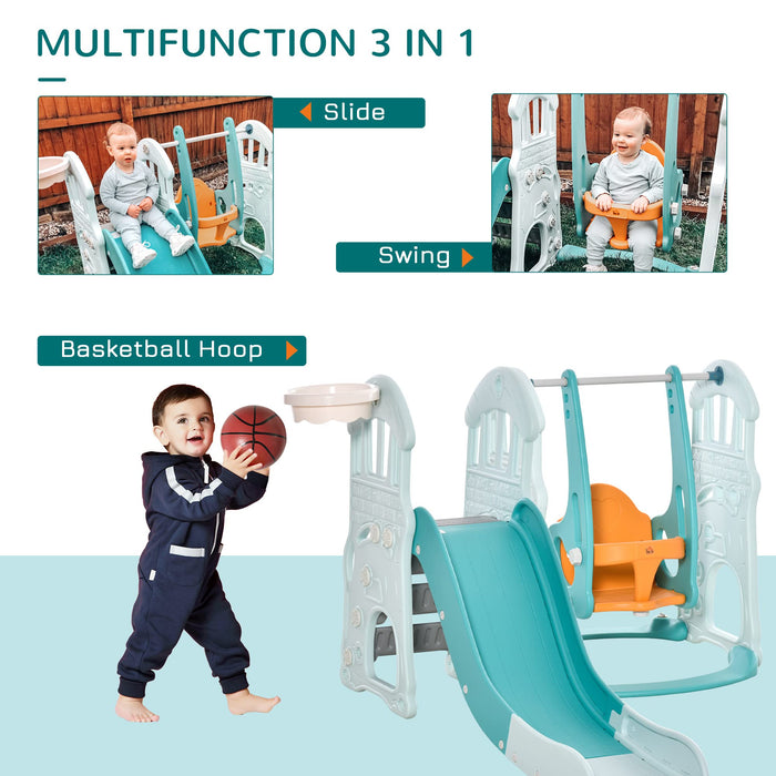 HOMCOM 3 in 1 Kid Slide and Swing Set Activity Center with Basketball Hoop