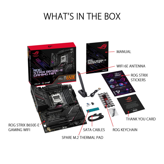 ASUS ROG Strix B650E-E Gaming WiFi - Motherboard - ATX - Socket AM5 - AMD B650 Chipset - USB 3.2 Gen 1, USB 3.2 Gen 2, USB-C 3.2 Gen2, USB-C 3.2 Gen 2x2 - 2.5 Gigabit LAN, Wi-Fi 6, Bluetooth - onboard graphics (CPU required) - HD Audio (8-channel)