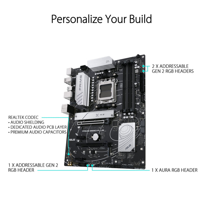 ASUS Prime B650-Plus - Motherboard - ATX - Socket AM5 - AMD B650 Chipset - USB 3.2 Gen 1, USB 3.2 Gen 2, USB-C 3.2 Gen2, USB-C 3.2 Gen 1 - 2.5 Gigabit LAN - onboard graphics (CPU required) - HD Audio (8-channel)