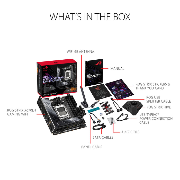 ASUS ROG Strix X670E-I Gaming WiFi - Motherboard - mini ITX - Socket AM5 - AMD X670 Chipset - USB 3.2 Gen 1, USB 3.2 Gen 2, USB4, USB-C 3.2 Gen2 - 2.5 Gigabit LAN, Bluetooth, Wi-Fi - onboard graphics (CPU required) - HD Audio