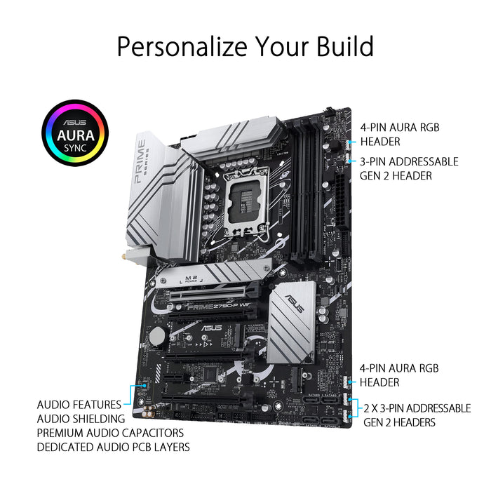 ASUS Prime Z790-P WIFI - Motherboard - ATX - LGA1700 Socket - Z790 Chipset - USB-C Gen2, USB 3.2 Gen 1, USB 3.2 Gen 2, USB-C 3.2 Gen 2x2 - 2.5 Gigabit LAN, Wi-Fi 6, Bluetooth - onboard graphics (CPU required) - HD Audio (8-channel)