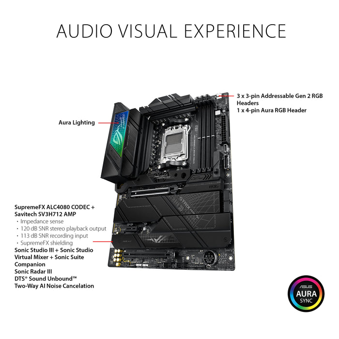 ASUS ROG Strix X670E-F Gaming WiFi - Motherboard - ATX - Socket AM5 - AMD X670 Chipset - USB 3.2 Gen 1, USB 3.2 Gen 2, USB-C 3.2 Gen2, USB-C 3.2 Gen 2x2 - 2.5 Gigabit LAN, Wi-Fi 6, Bluetooth - onboard graphics (CPU required) - HD Audio (8-channel)