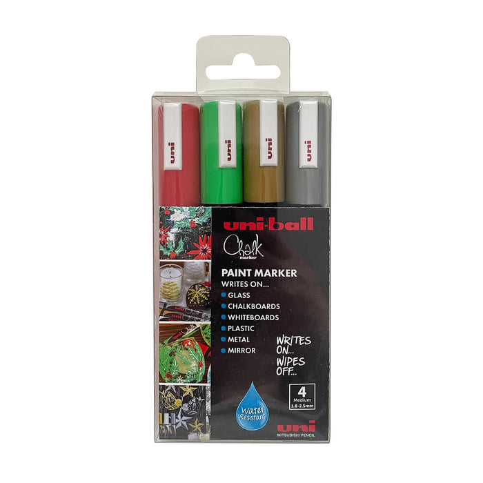 Uni-ball Chalk Marker PWE-5M CHRISTMAS Bullet 2.5 mm Red, Green, Silver, Gold Pack of 4